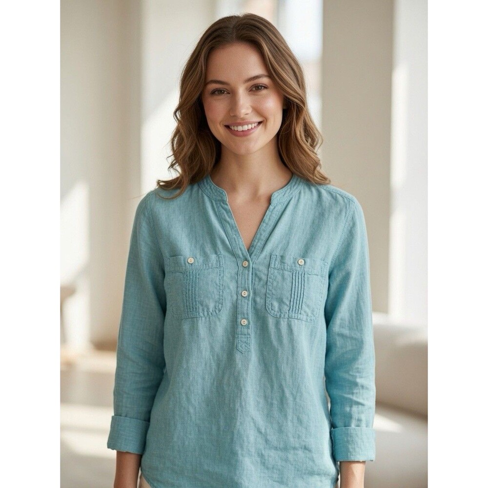 Talbots Linen Pintuck Popover Blouse Petite Long-Sleeve Blue Green Preppy, Sz MP